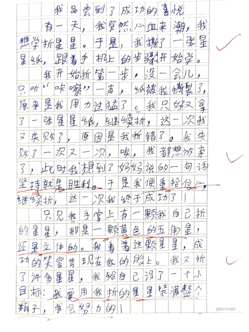 三年级优秀作文《我品尝到了成功的喜悦》 学员刚训练的一篇作文《我