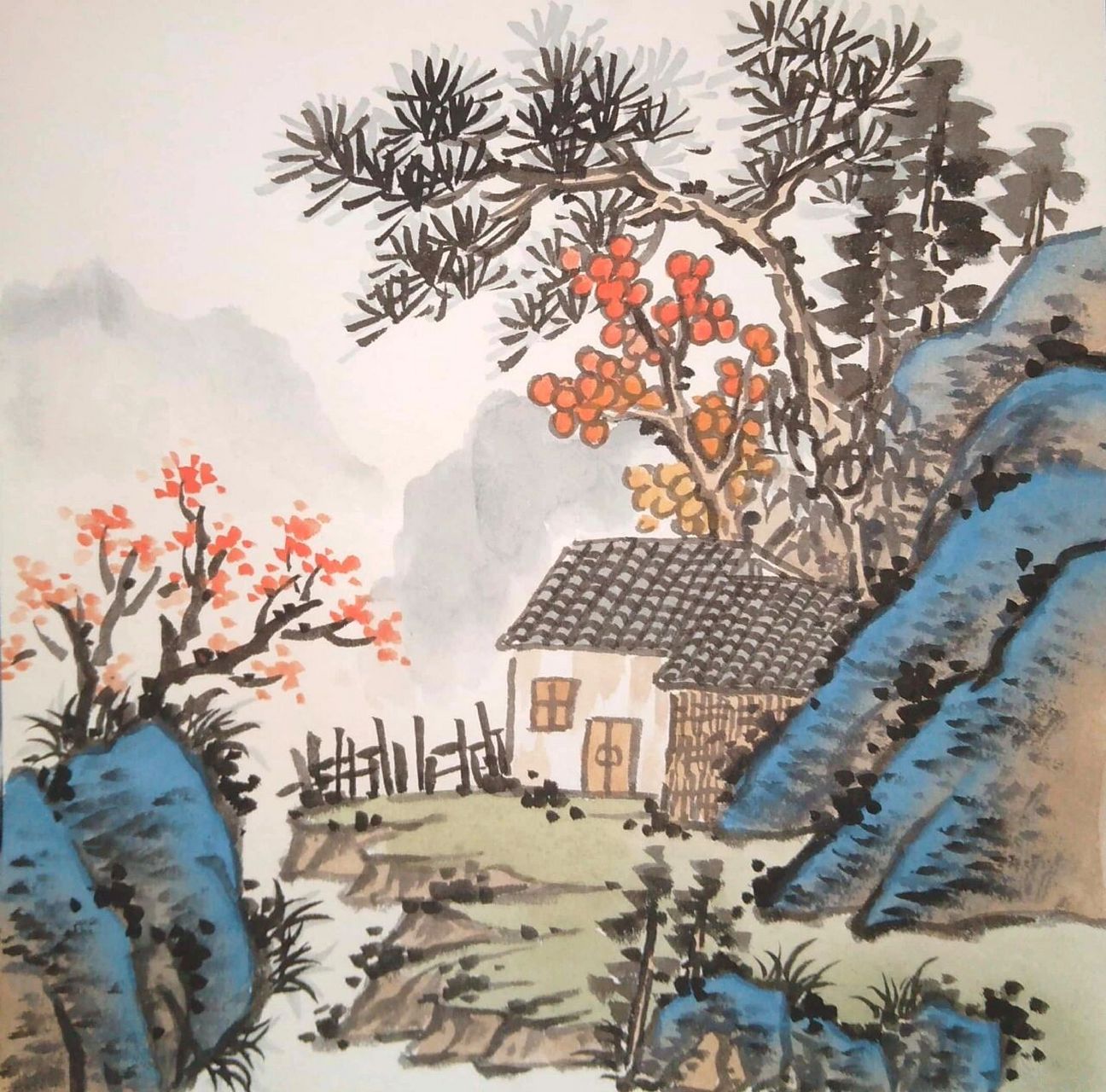 简单国画山水(含步骤图) (1)山石:赭石 三青.