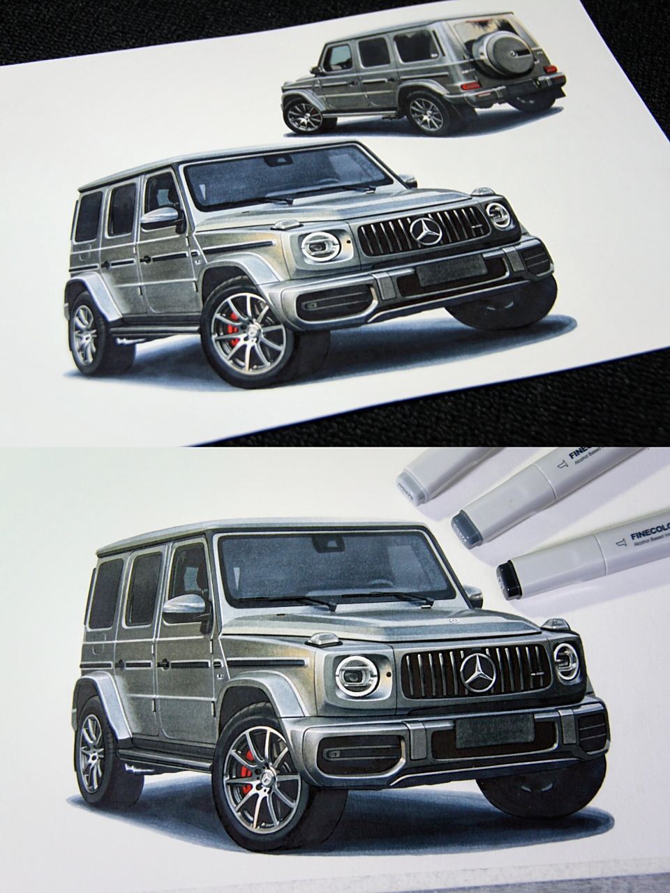 原创马克笔手绘奔驰g63 amg 手绘一组朋友的梅赛德斯奔驰amg g63,在