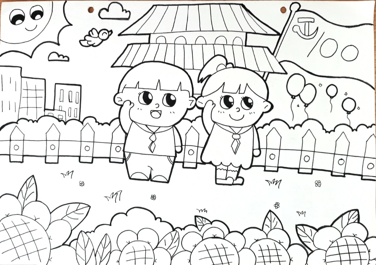 线描儿童画简笔画《祖国一百周年》主题