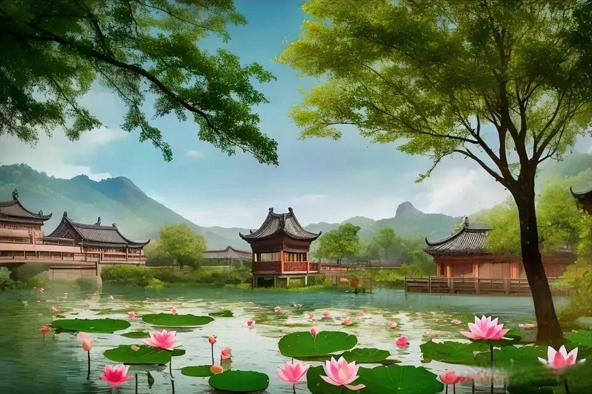 江南处处是美景, 碧水翠山映人心. 湖光山色浸人魂, 莲池绿荫抚心灵.