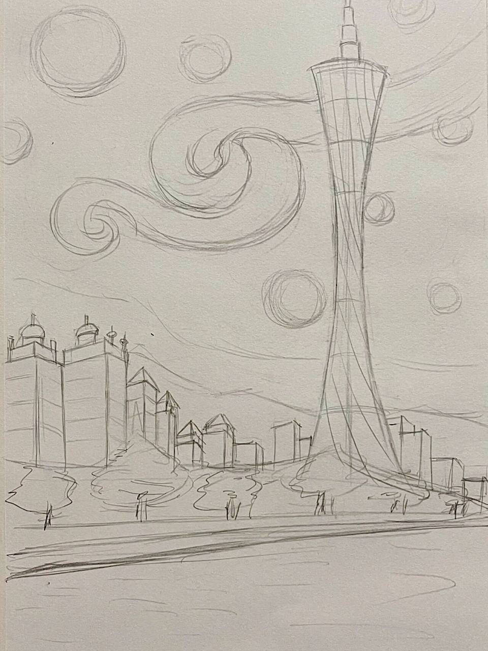 广州塔的星空油画棒画 前面分享过广州塔梵高的天空