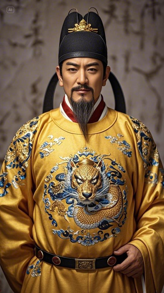 唐太宗李世民,头戴翼善冠翼善朝下,黑鬓发,淡眉,长胡须,目光有神,身着