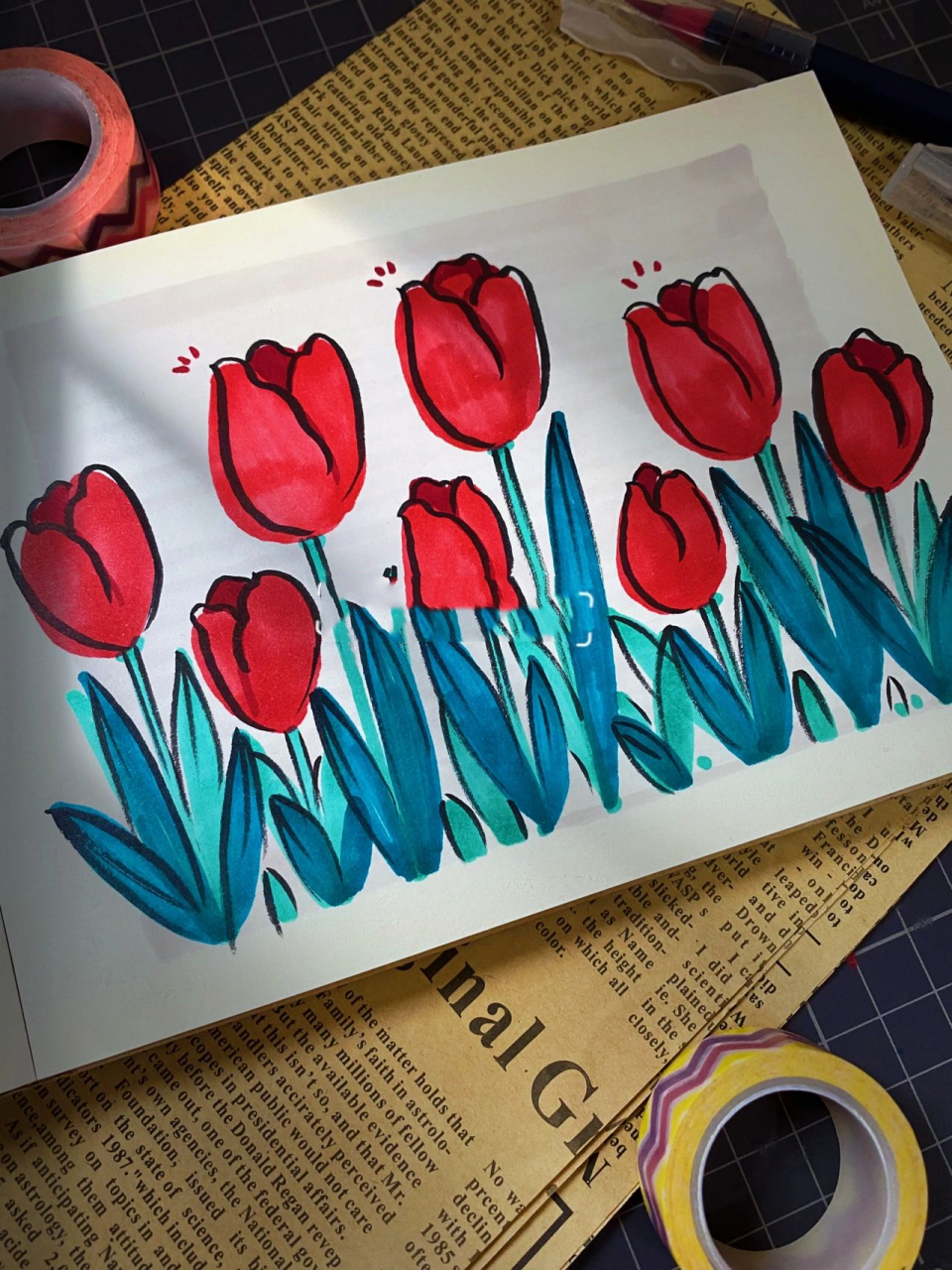 涂鸦画画|郁金香马克笔简笔画ins风93 红灿灿的郁金香总让人感觉