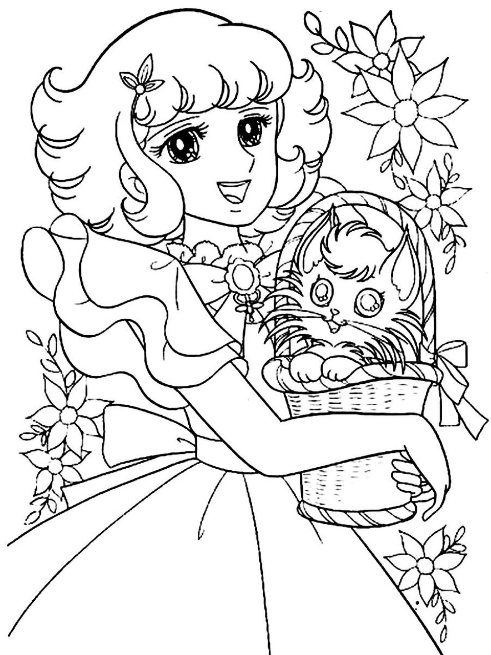 小女孩黑白涂色简笔画