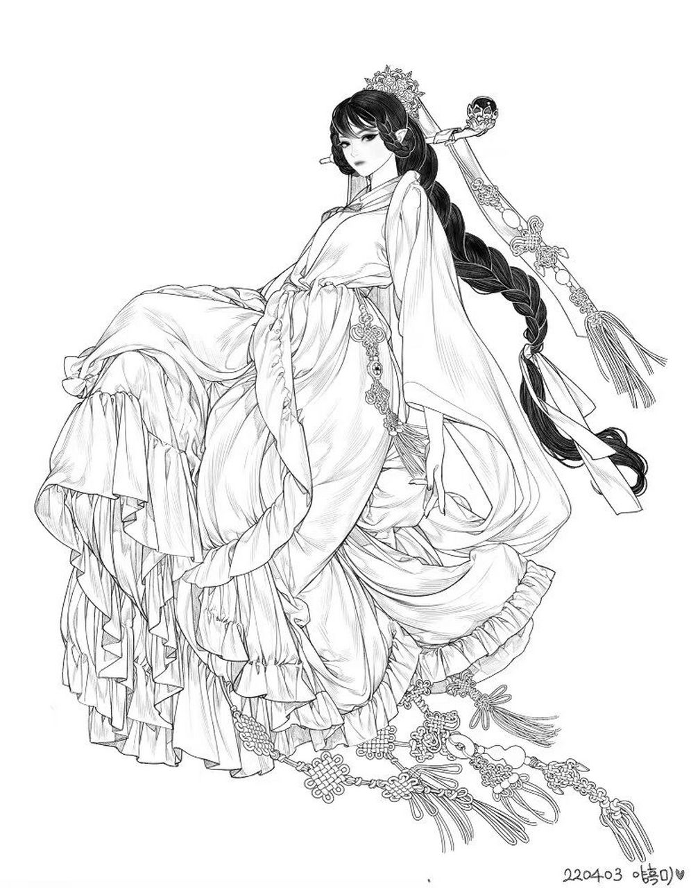 少女人物插画线稿绘画素材,衣服褶皱好强 画师 | 206403u93u