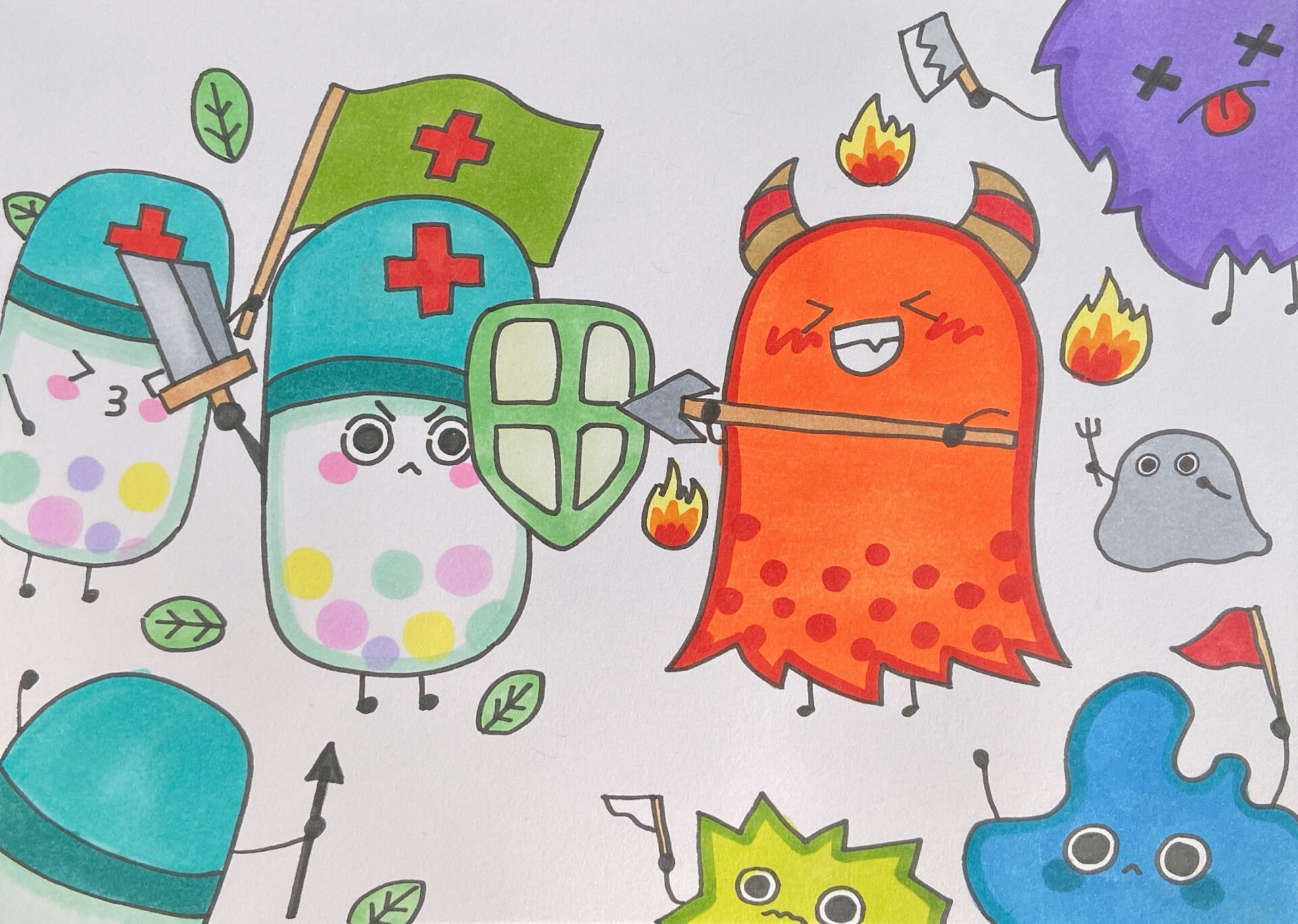 细菌病毒大战免疫系统儿童画简笔画武器儿创