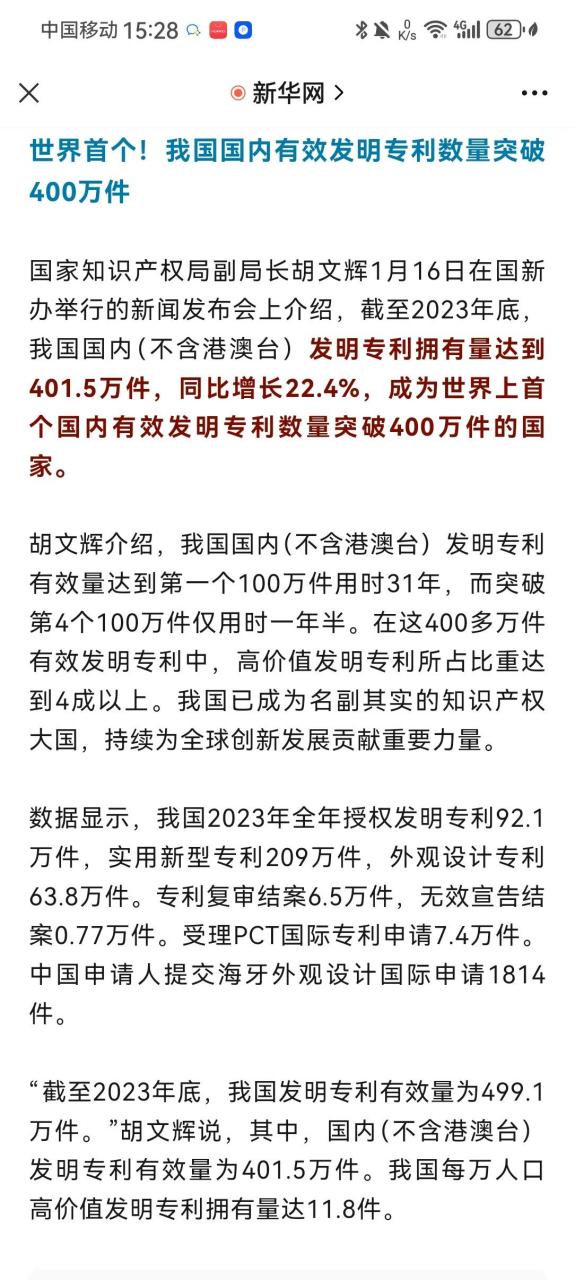 我国发明专利拥有量达到401.5万件,同比增长22.