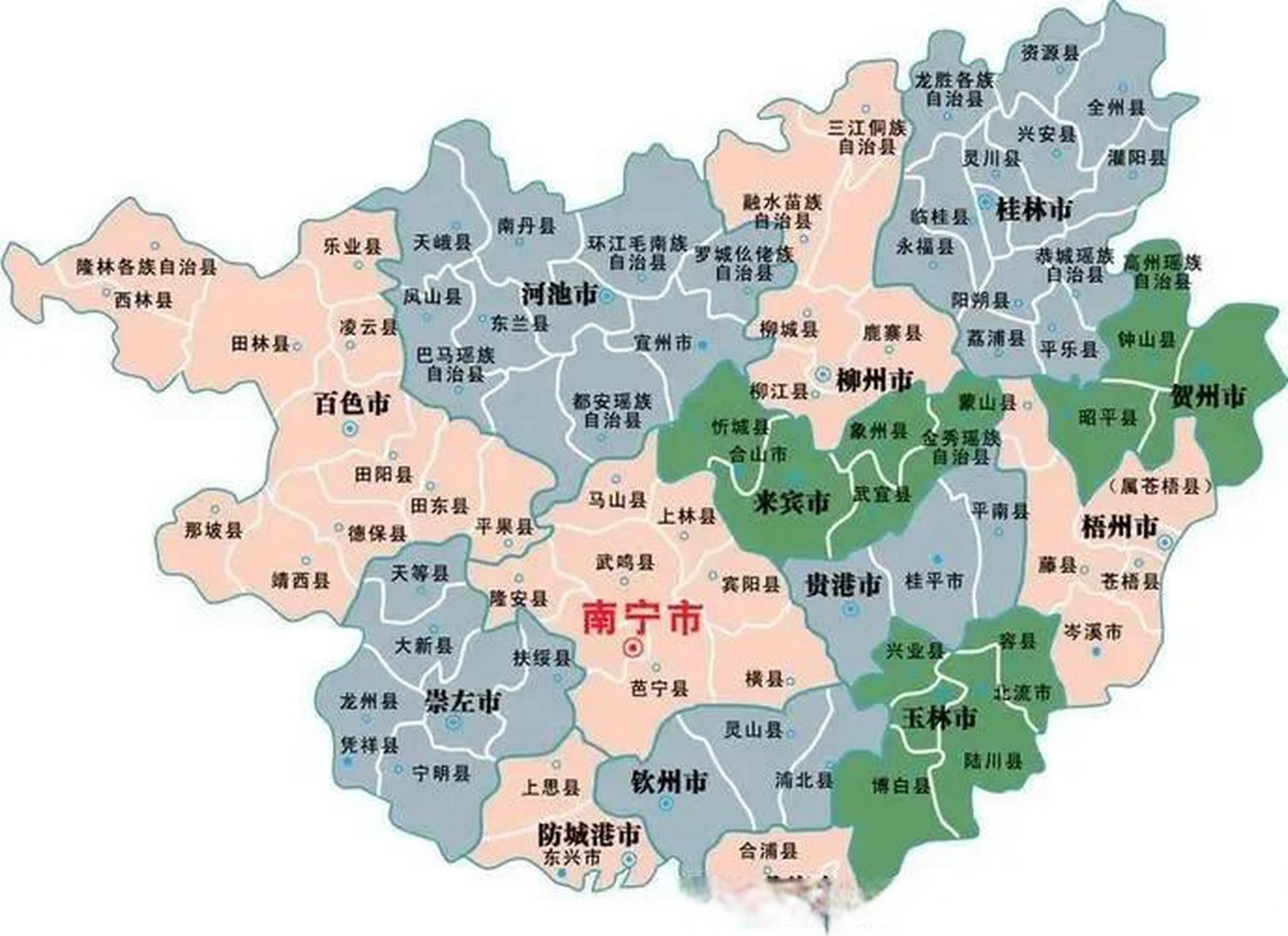 广西14个地级市,111个县市区的方言分布图 广西共有官话,白话,平话