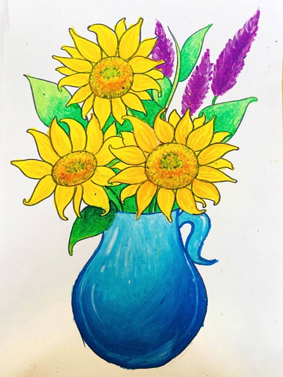 油画棒向日葵97 #儿童画# #油画棒# #向日葵# #花瓶##花卉