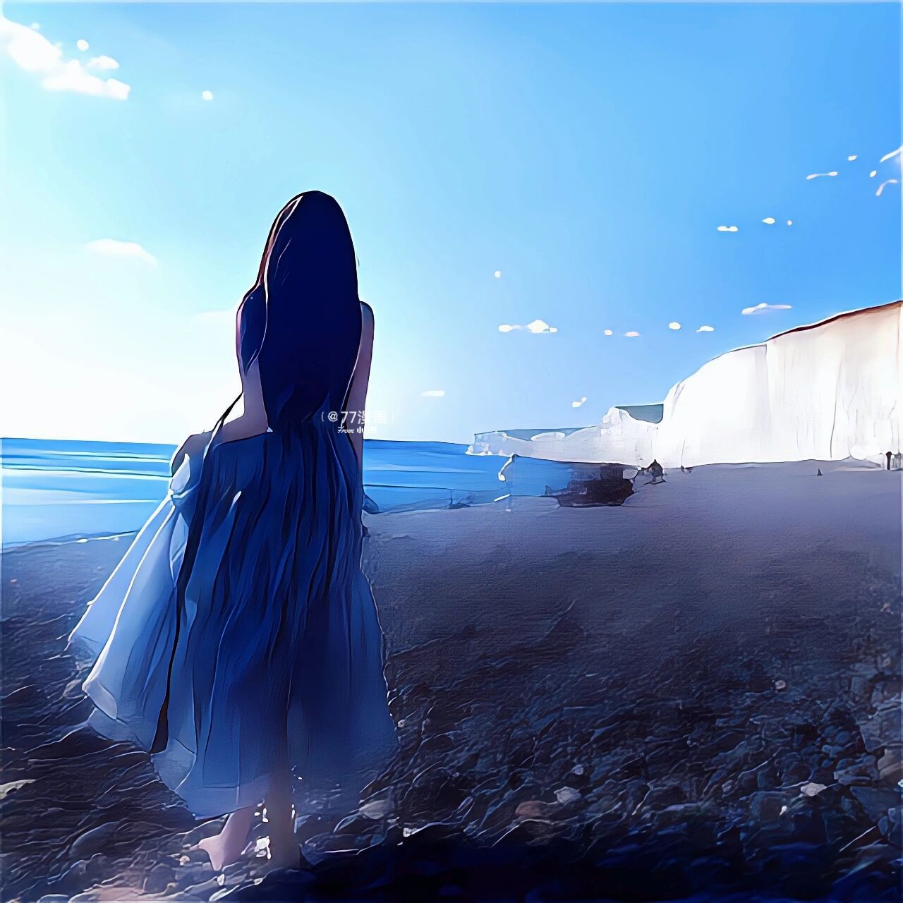 海边背影女头|真人照片改漫画
