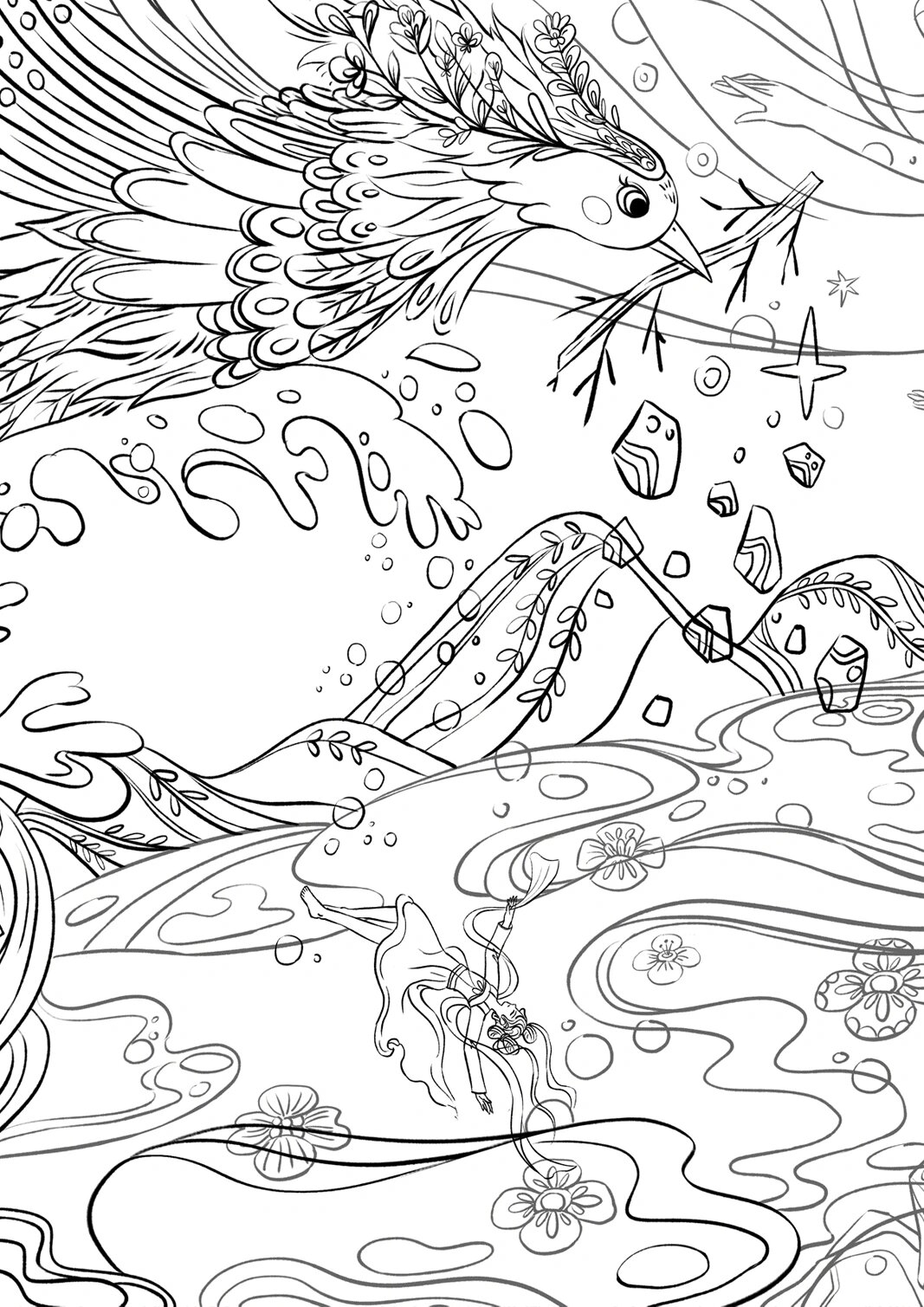 中国神话故事 精卫填海 线稿