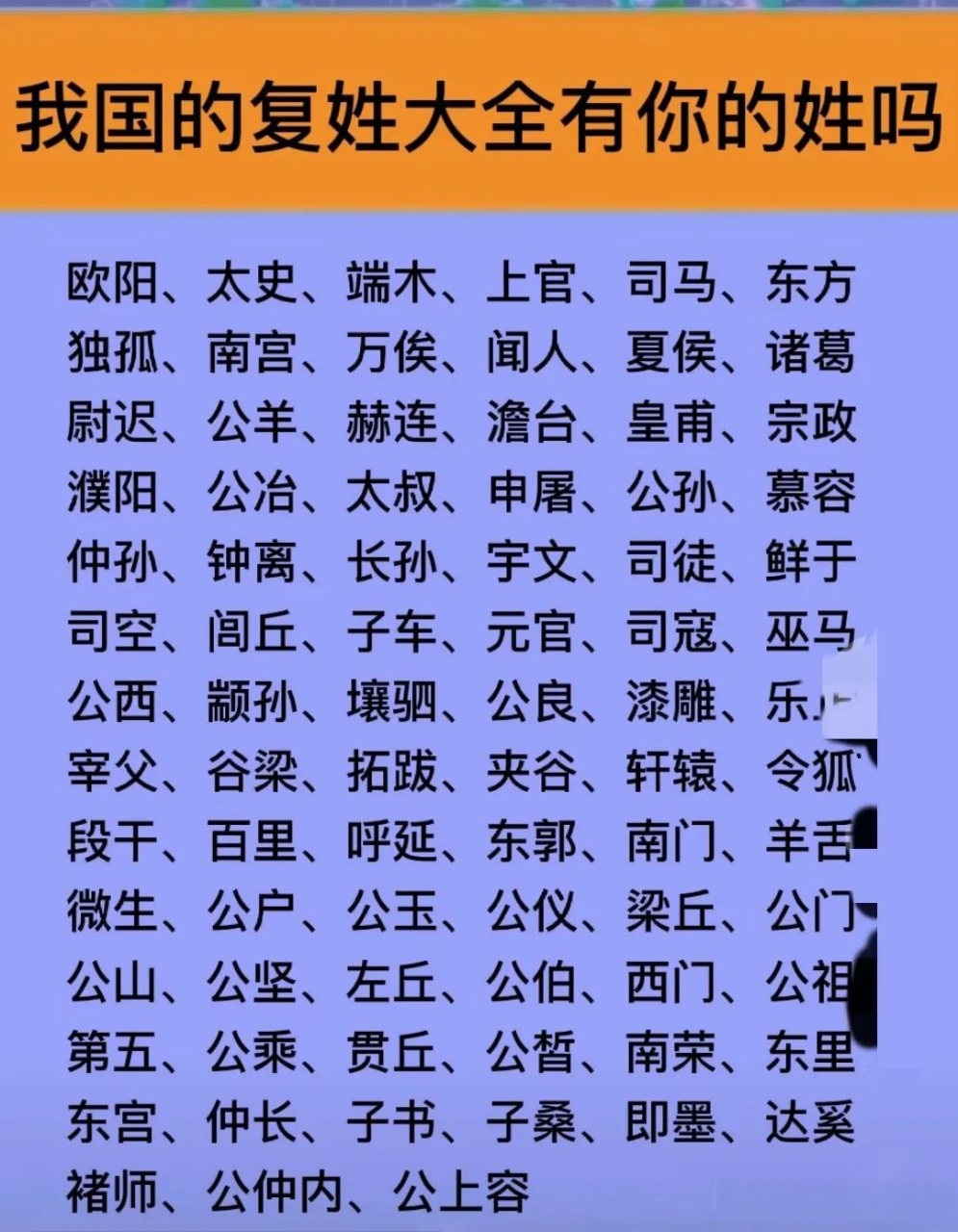 我国的复姓大全,欢迎补充[灵光一闪]