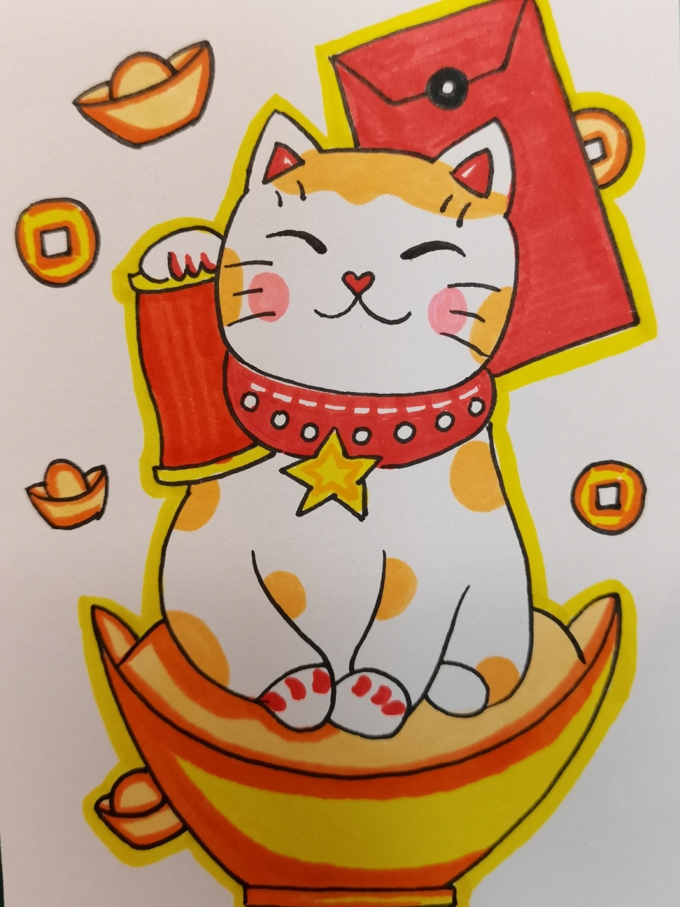 招财猫儿童画 招财猫是日本传统文化中常见的猫型偶像摆设,通常用陶瓷