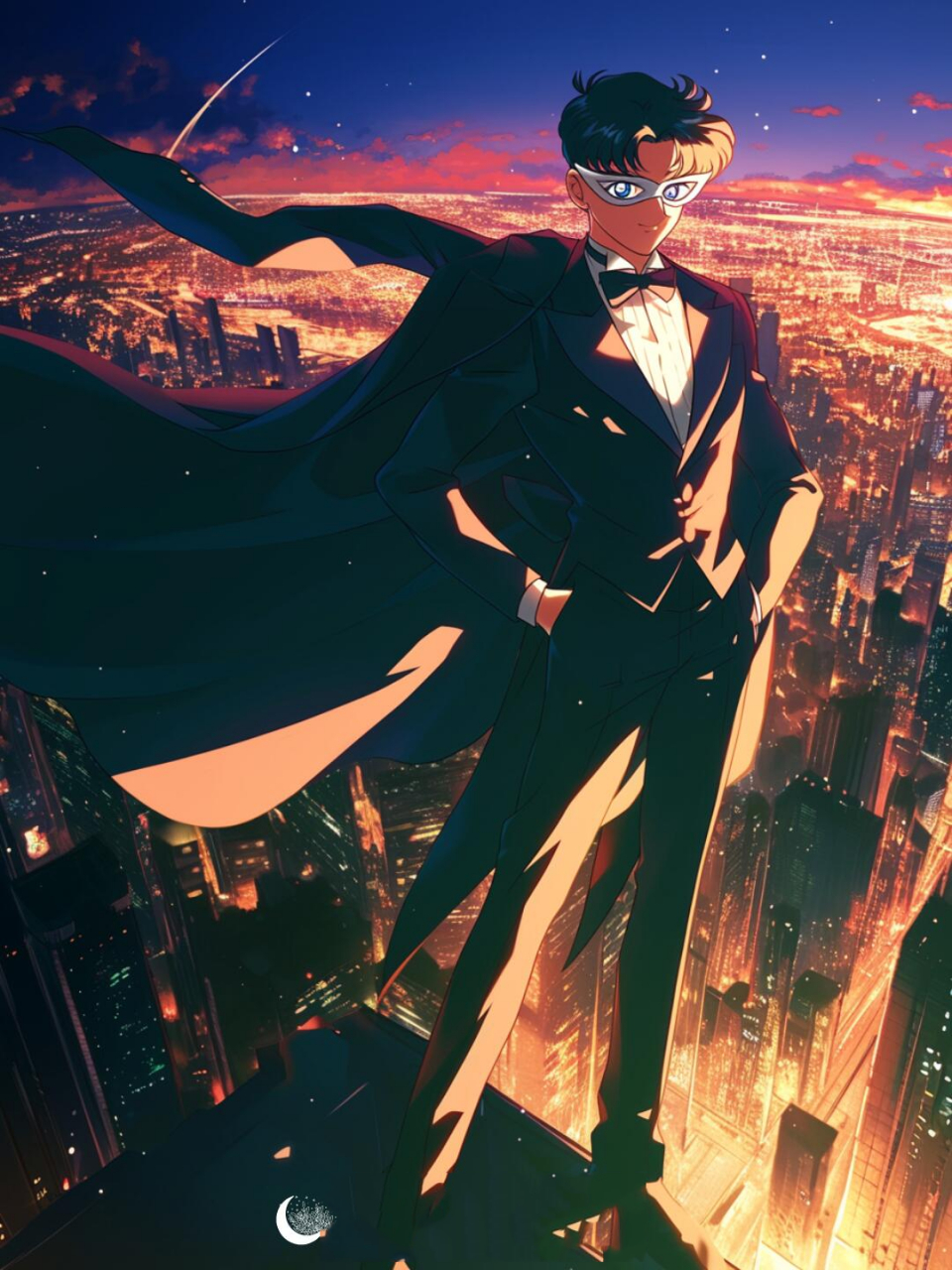 俯瞰城市夜景的夜礼服假面 midjourney对夜礼服假面的识别度还比较低