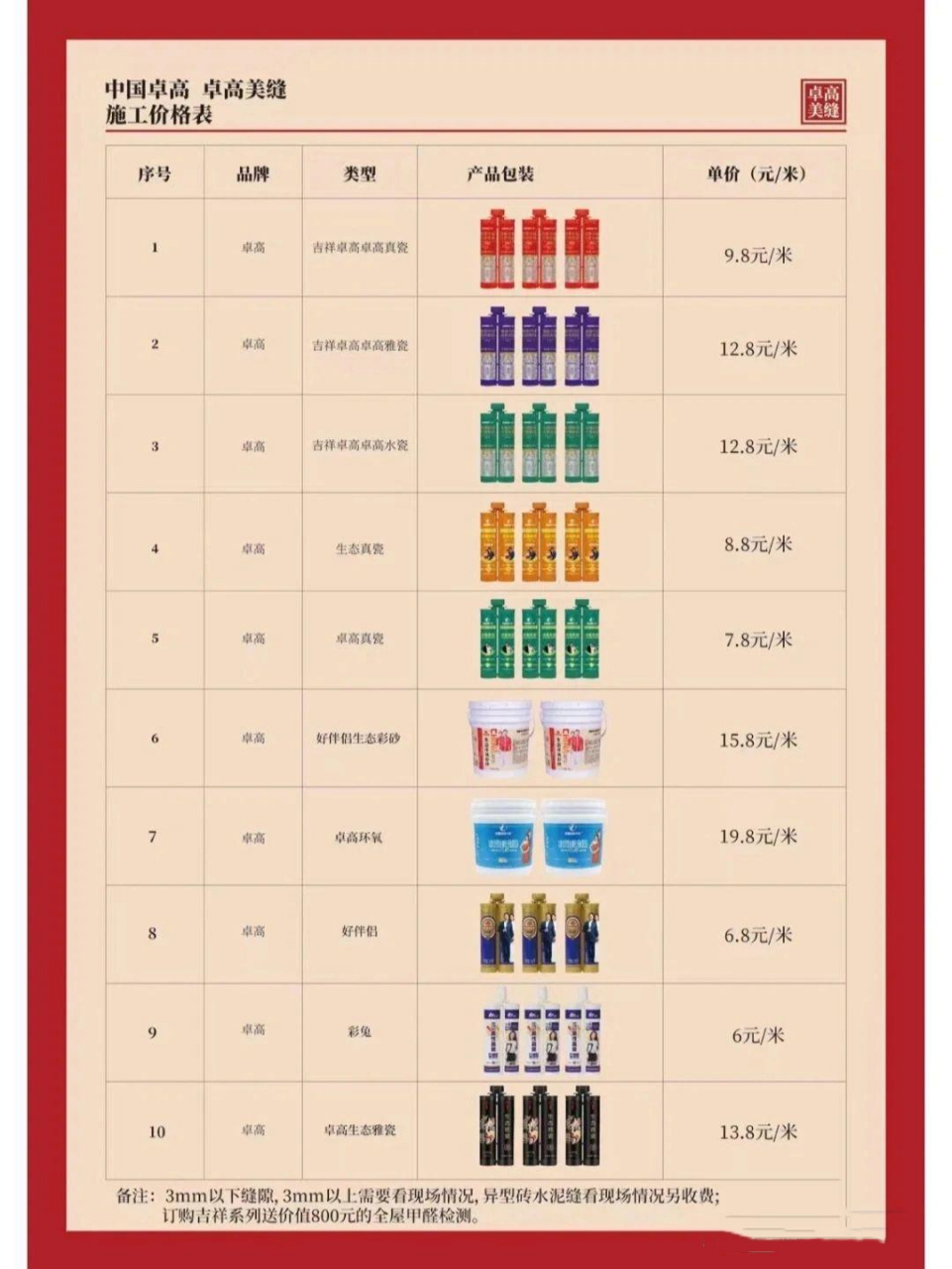 卓高美缝价格表,把米切换成平方就行了