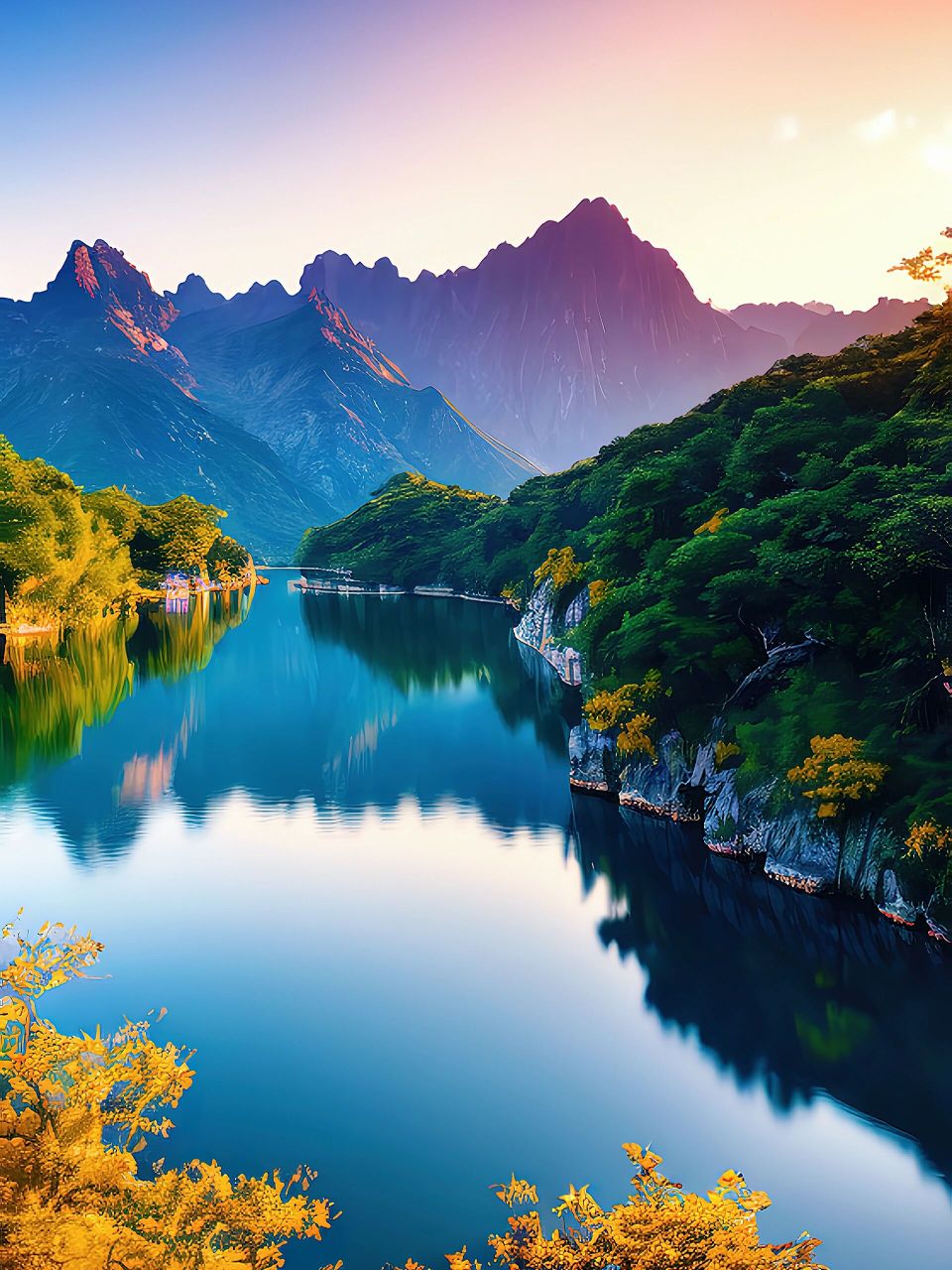 山川美景朝霞下的大自然风景古风插画15