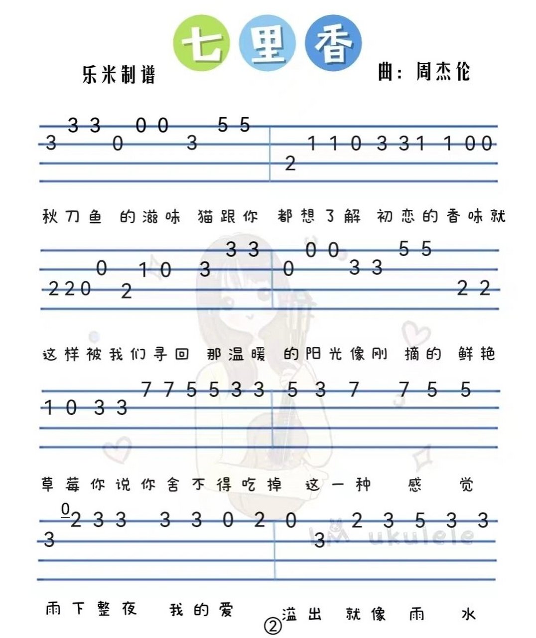 记忆里的另外一首关于夏天的歌曲 周董的《七里香》尤克里里单音值