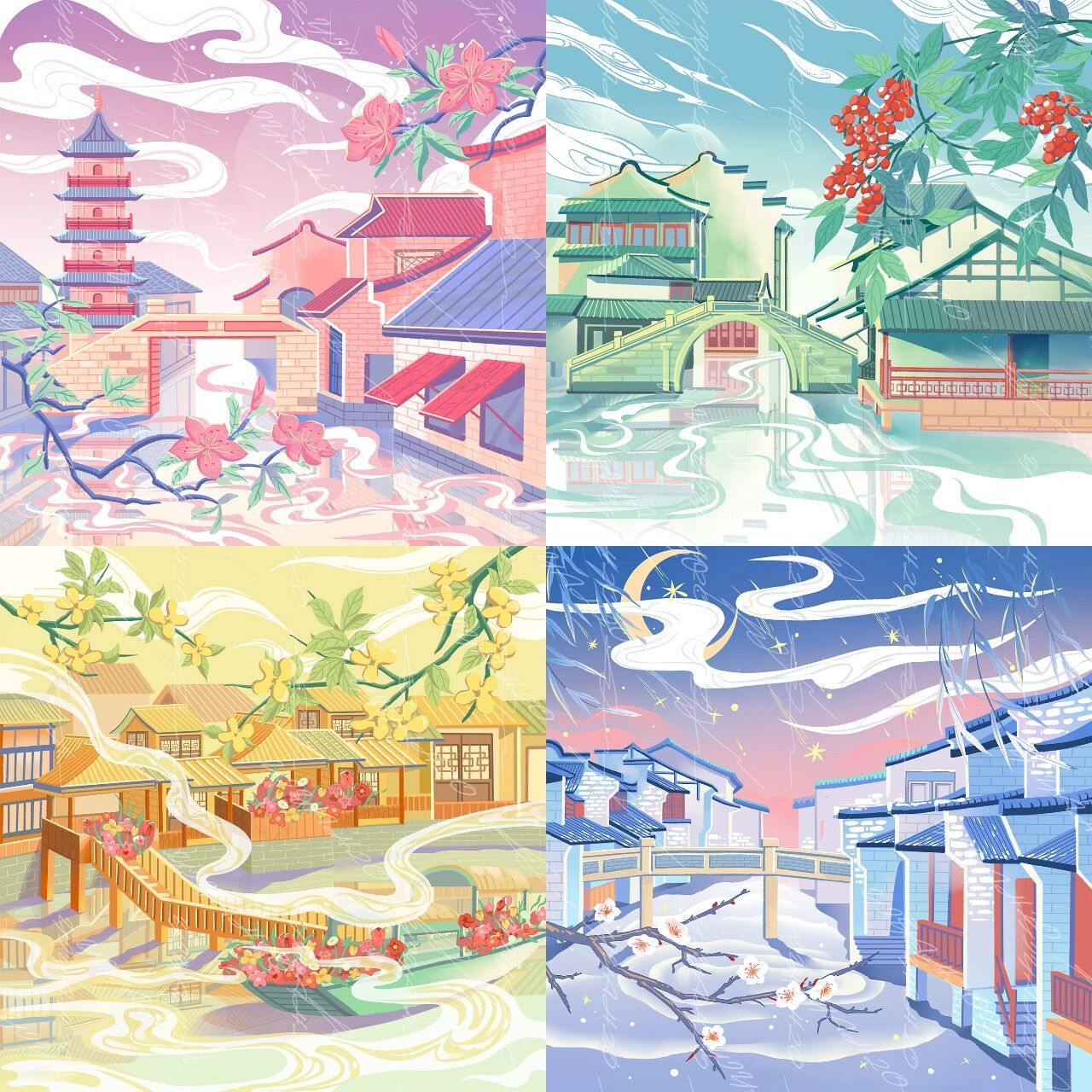 国风插画|乌镇,江南水乡 四张图分别是塔影春光,水色江南,小镇桂雨,桥