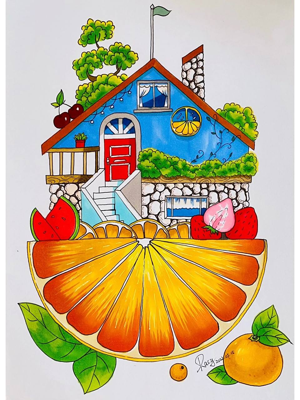 水果房子—橙子小屋(附线稿)创意儿童插画 夏日炎炎,正是吃水果的佳季