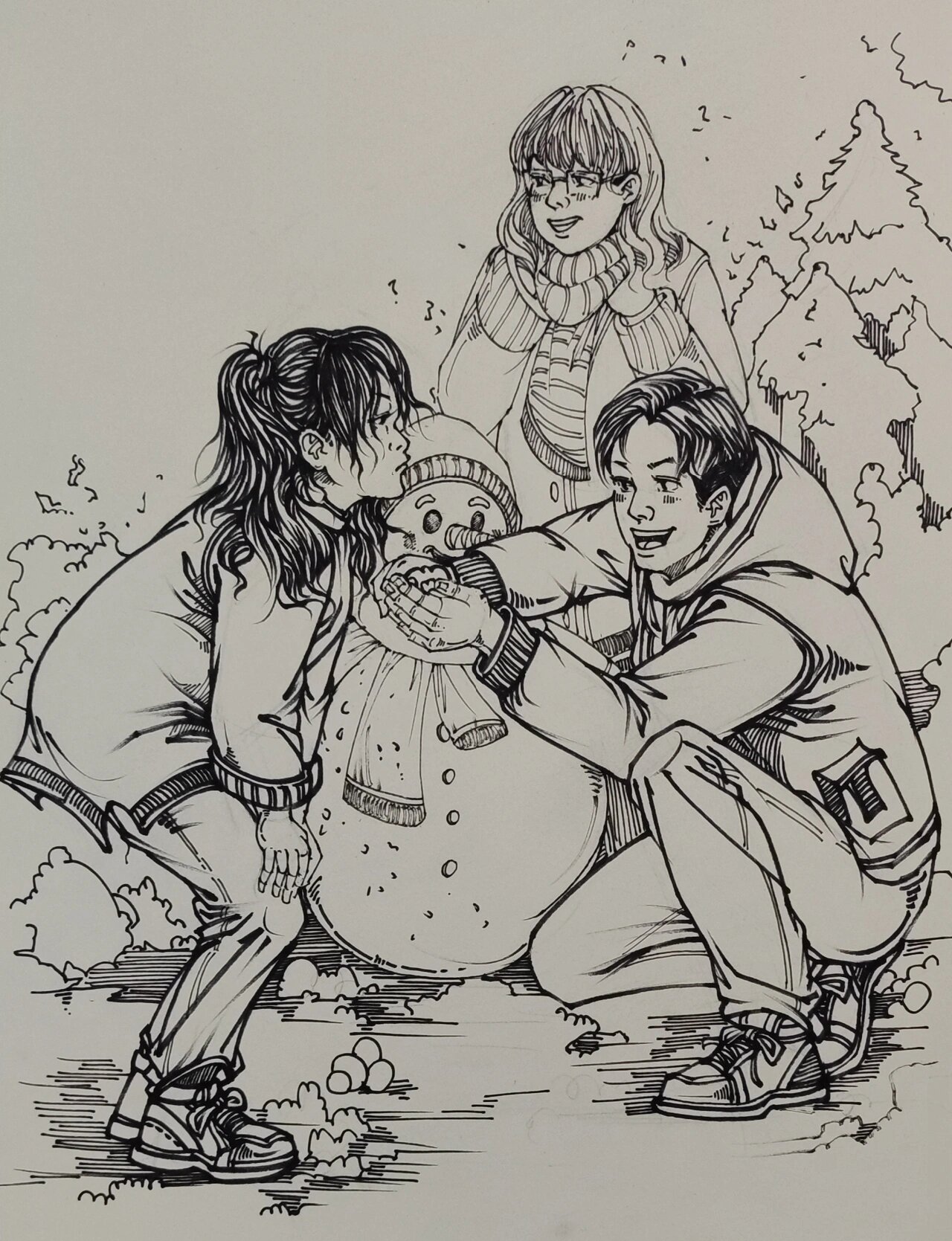 堆雪人素描图片