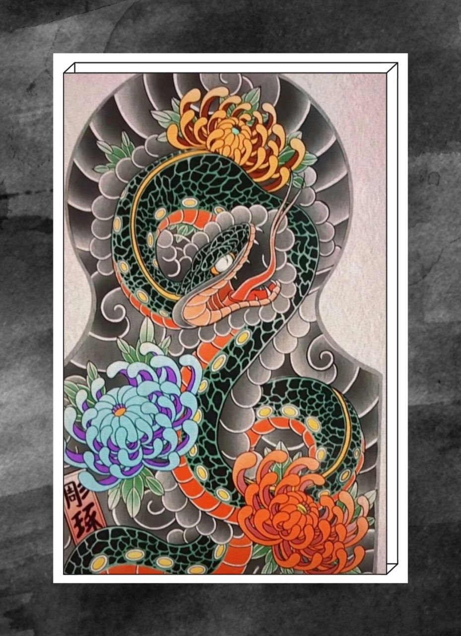 蛇盘牡丹高清纹身手稿图片