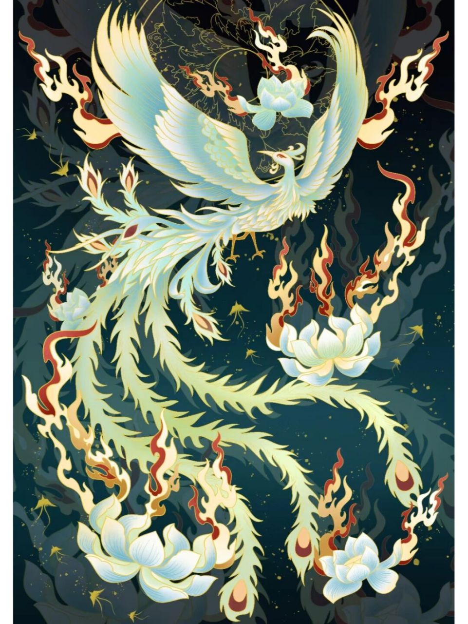 三青鸟本身固有色为青绿色,所以画面主体以冷色为主,加入云火元素点缀