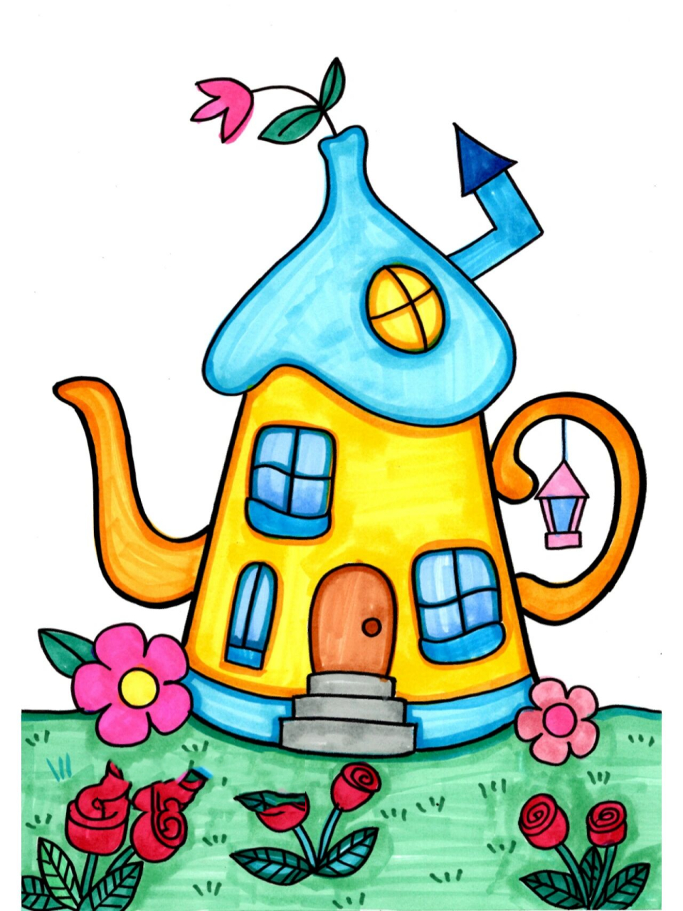 马克笔儿童画  创意茶壶小屋