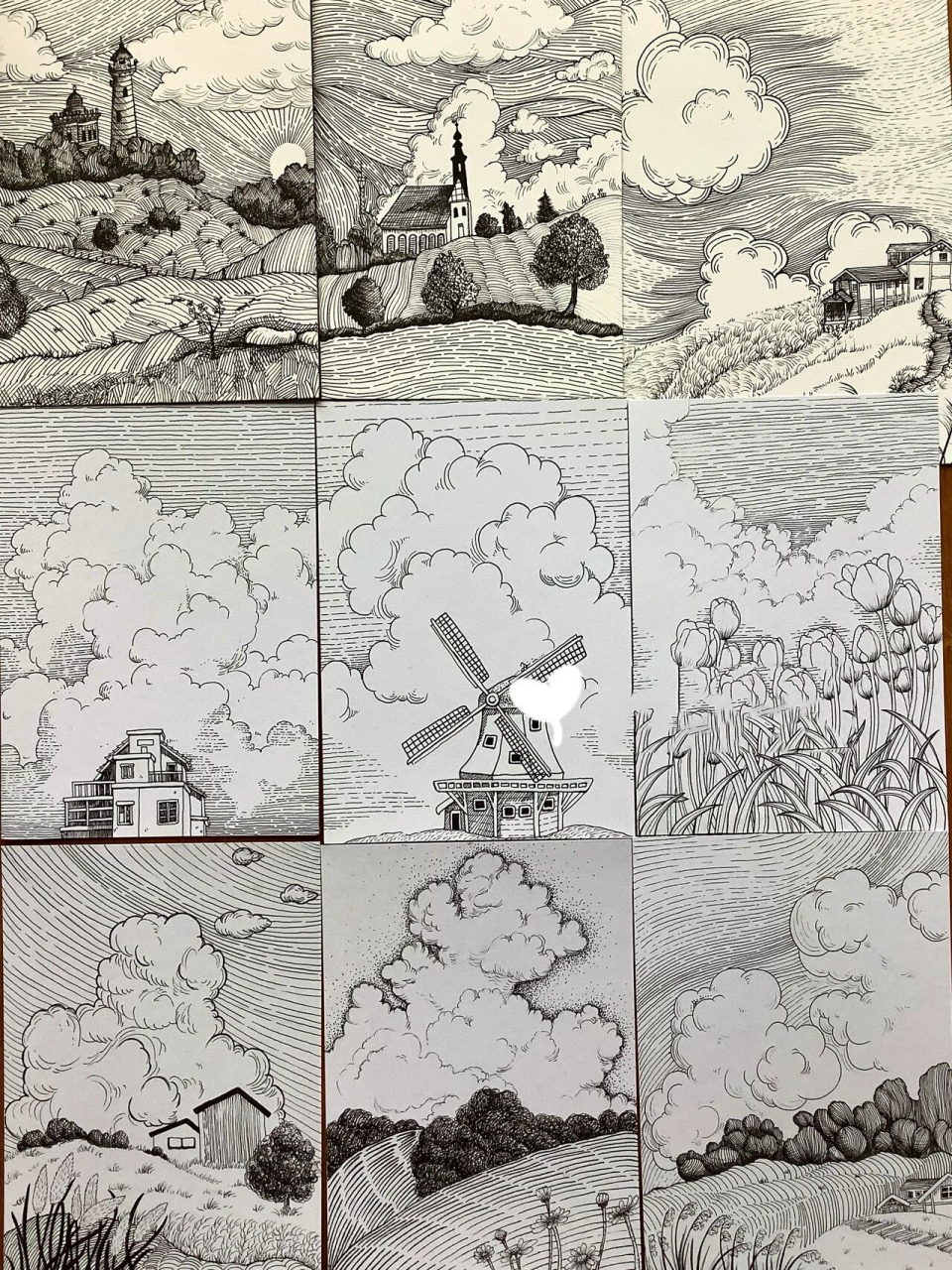 手绘风景黑白线描画 凑个九宫格 要看步骤图的去翻以前的笔记 今天是