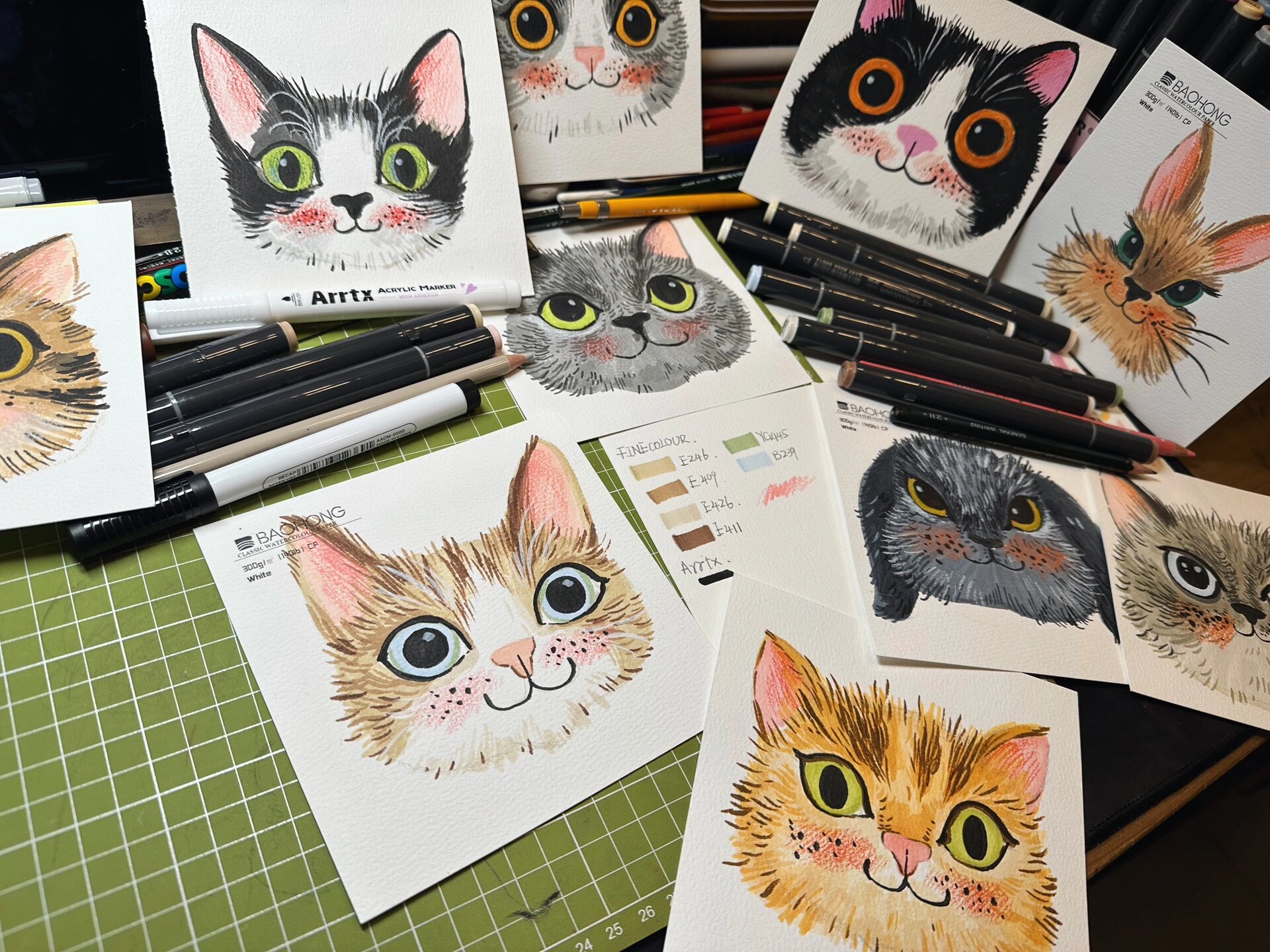 手绘插画动物系列,猫咪插画,马克笔画法步骤