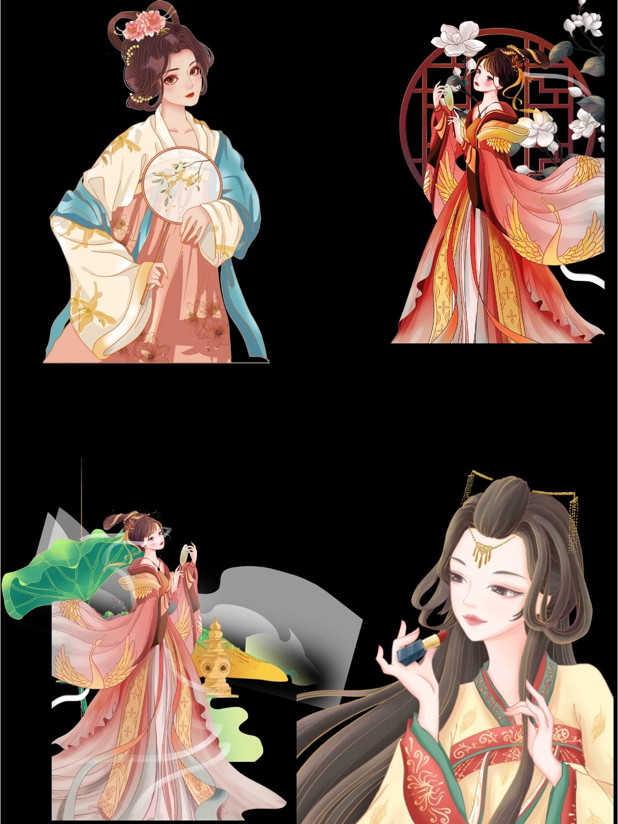 这组素材包含不同色彩的古装人物形象,灵动,优美,各具特色,适合