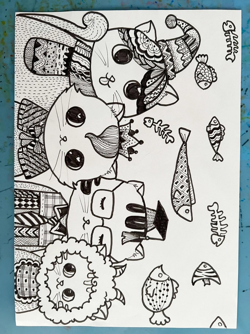 《猫咪一家》 猫咪线描装饰画