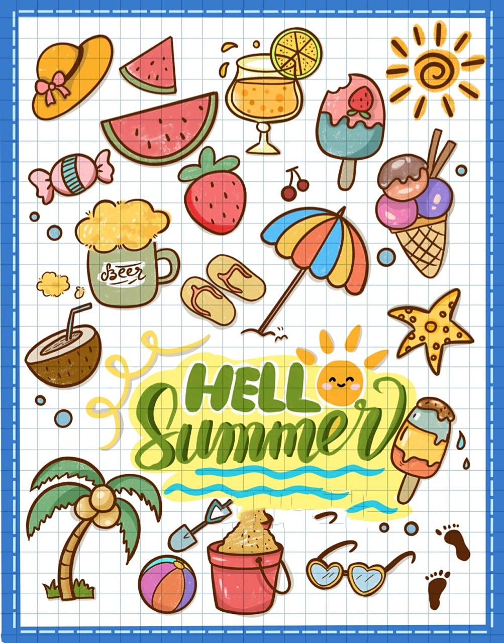 简笔画|简单夏日涂鸦手帐素材夏天小清新 零基础绘画|简笔画教程|插画