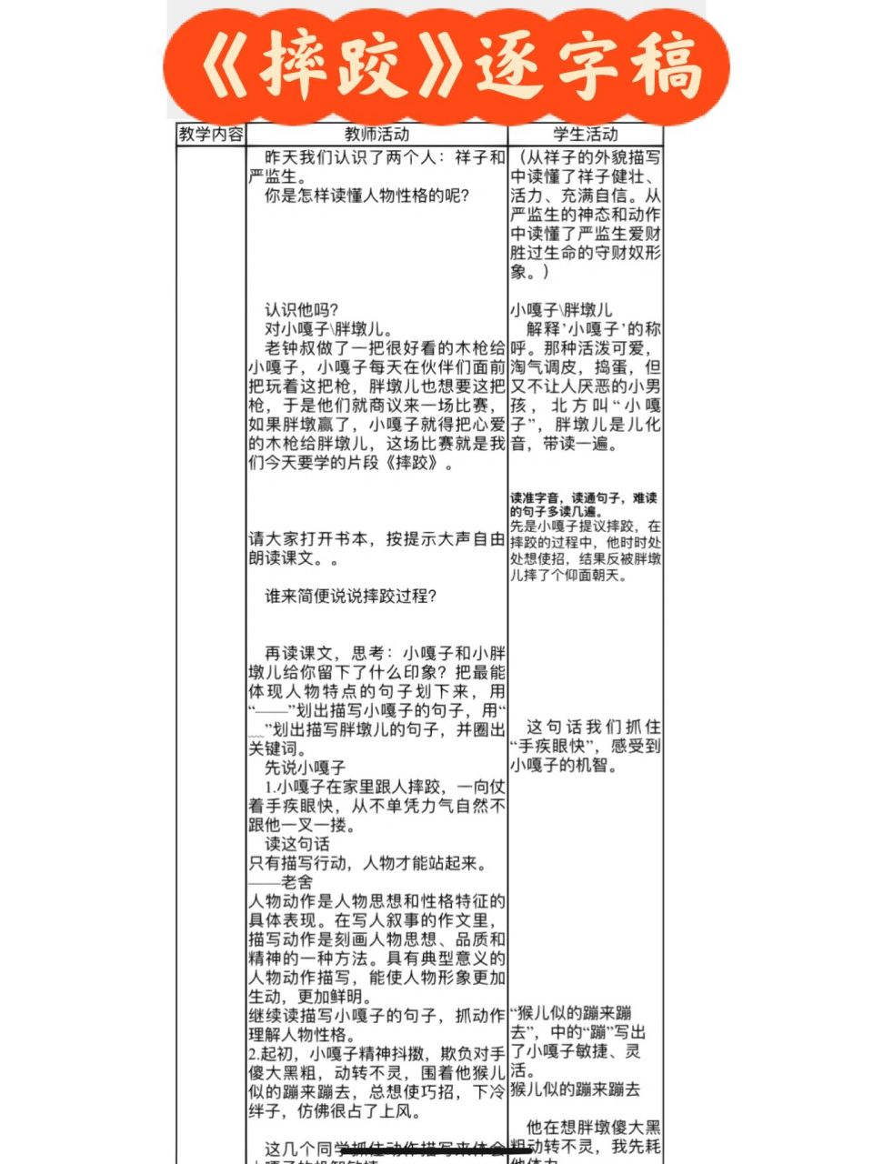 《摔跤》板书设计 来源 这篇文章东北味儿十足 十分有趣味性 把小胖墩
