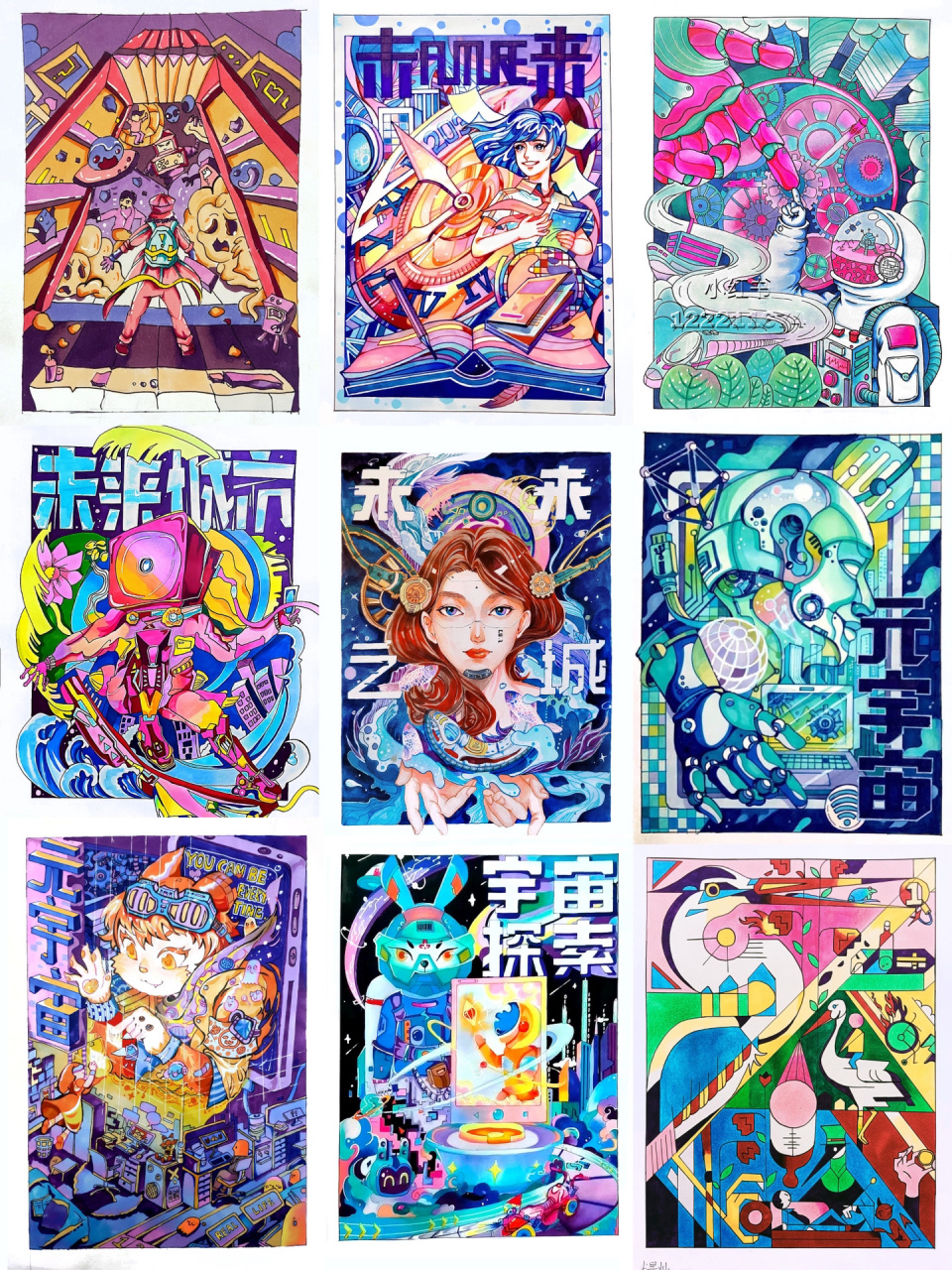 科技主题马克笔海报九宫格|学生系列 学生也凑齐了九宫格啦 每个人都