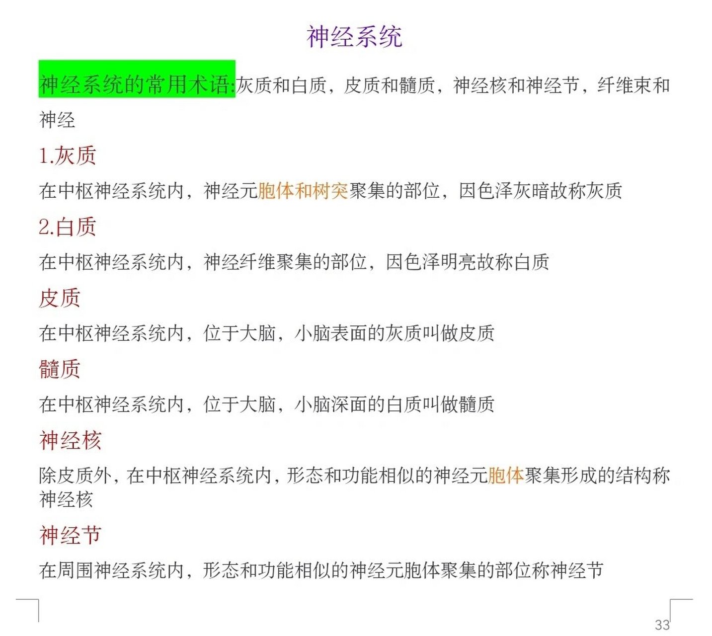 白质 在中枢神经系统内,神经纤维聚集的部位,因色泽明亮故称白质 2.
