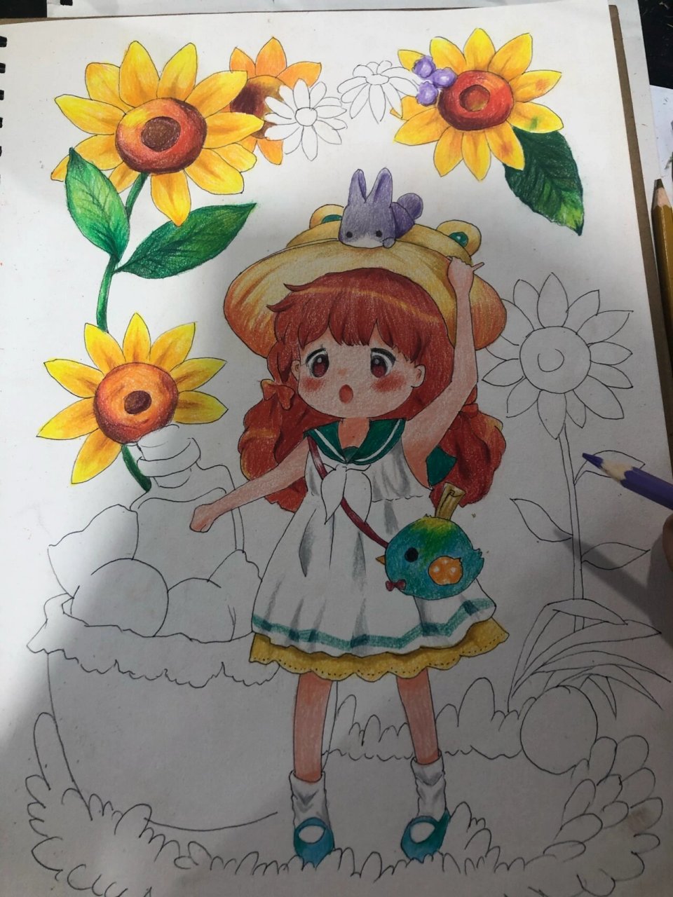可爱彩铅人物画色彩小女孩手绘插画 以前的临摹 知道原作者的话可以帮