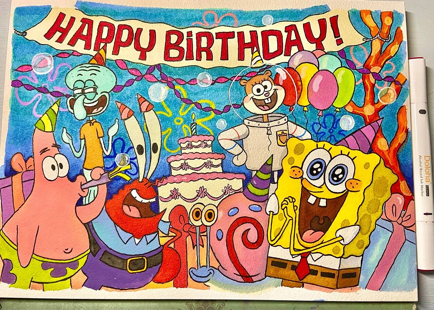 海绵宝宝生日派对手绘过程图 好喜欢过生日的场景 你最难忘的生日礼物