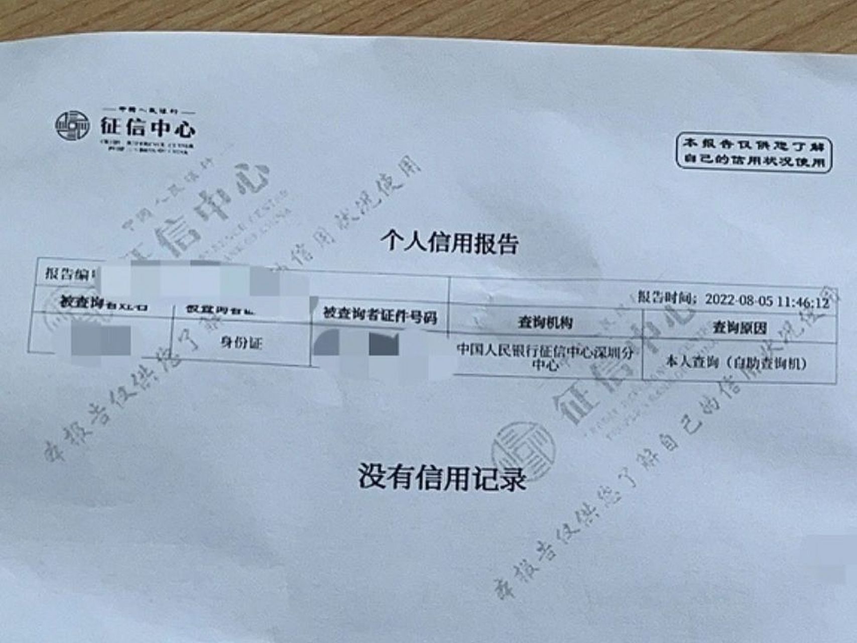 征信报告显示没有信用记录9815 想问下查了征信结果什么都没有