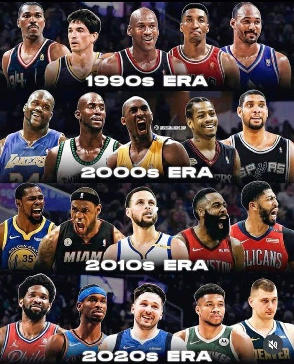 90年代:斯托克顿,乔丹,皮蓬,马龙,大梦; 00年代:艾弗森,科比,加内特