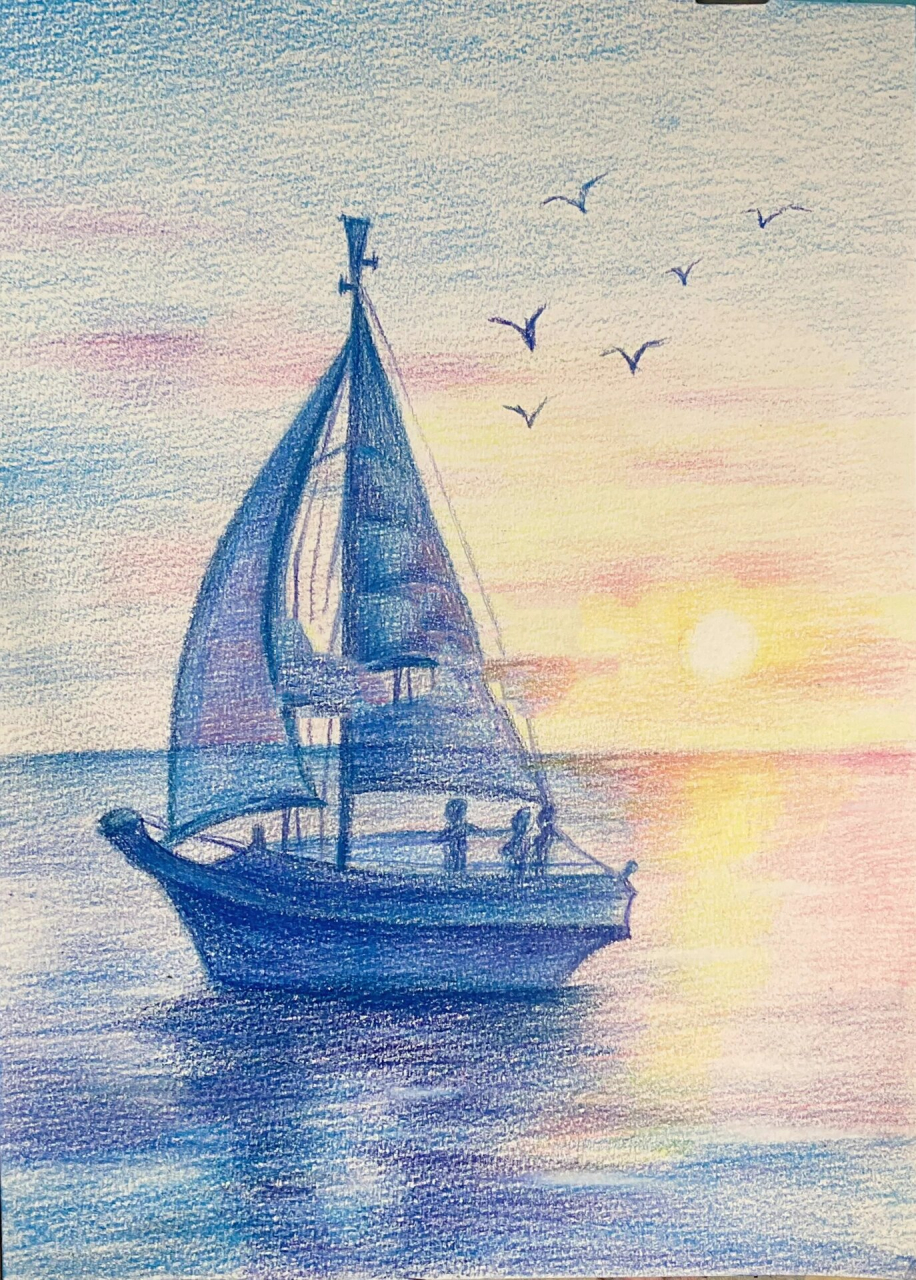 彩铅风景,海平面,彩铅海景 彩铅风景,海平面,彩铅海景