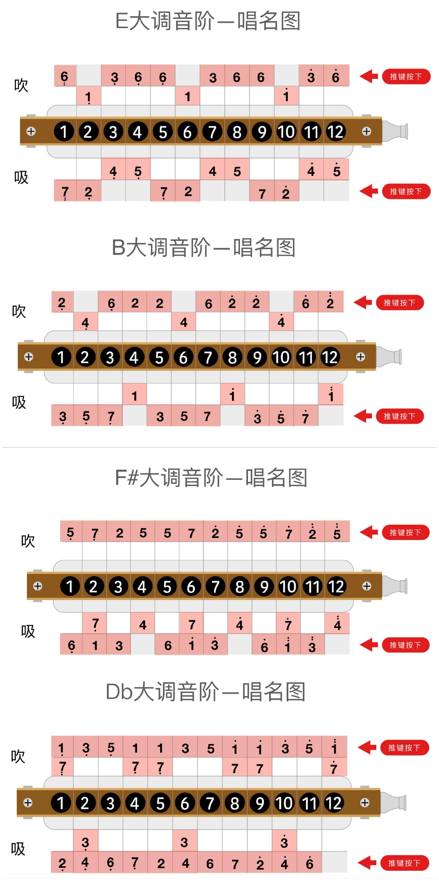 口琴|干货!12孔半音阶的12个把位图