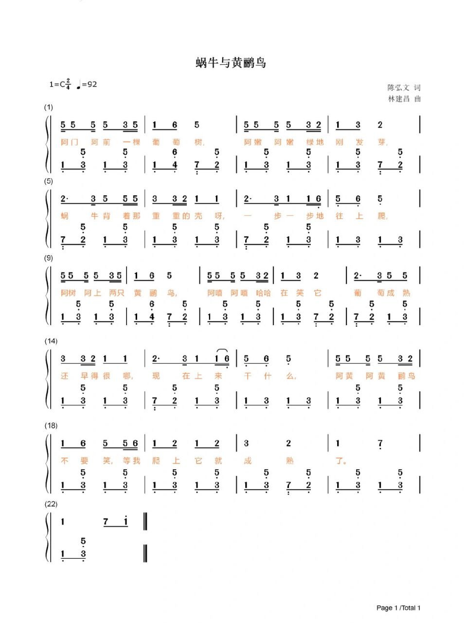 儿歌《蜗牛与黄鹂鸟》c,d,f大调双手简谱 第一张是c大调简谱 第二张是