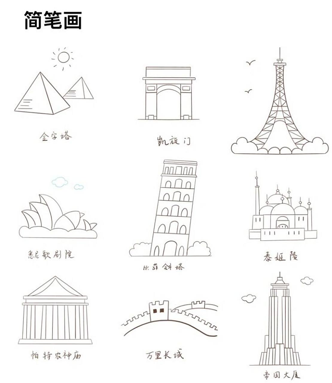 简笔画教程1|世界著名建筑简笔画 世界著名建筑简笔画:金字塔,凯旋门,