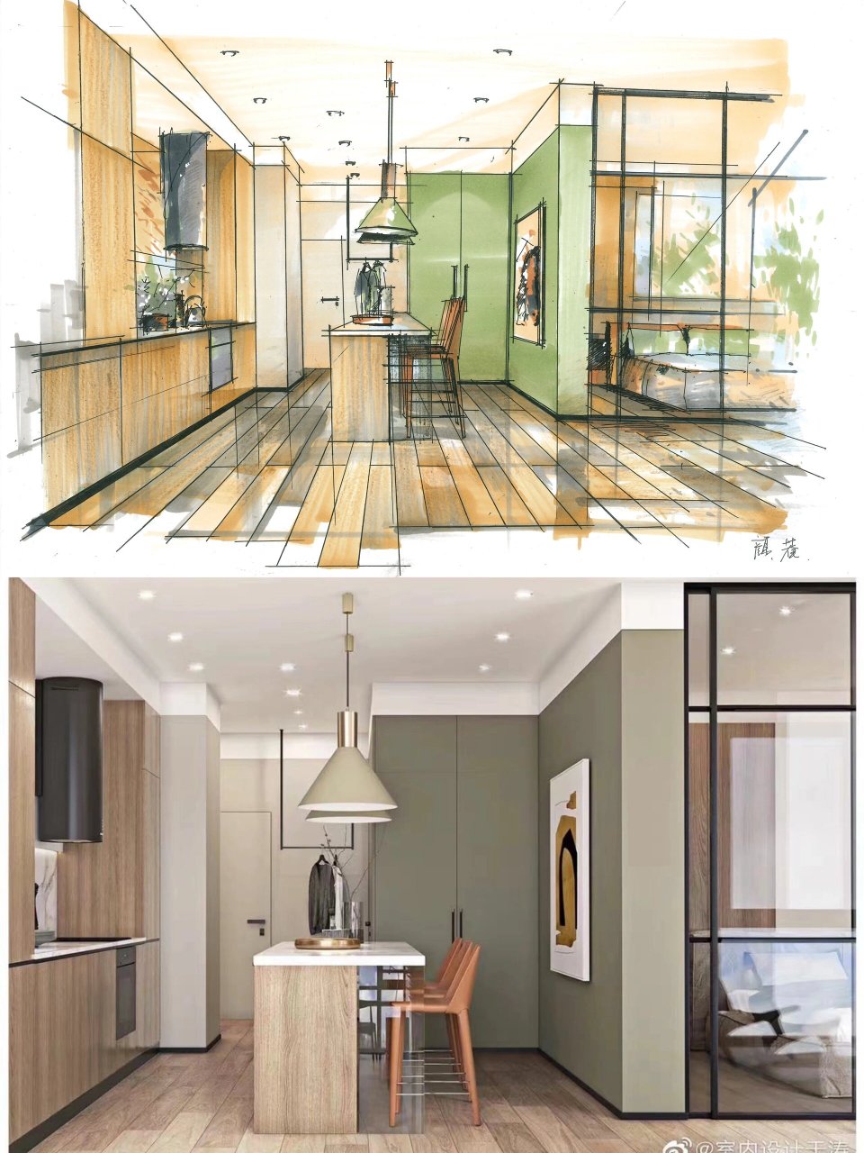 专升本上岸/餐厅空间照片写生77马克笔上色 一点透视餐厅手绘效果图