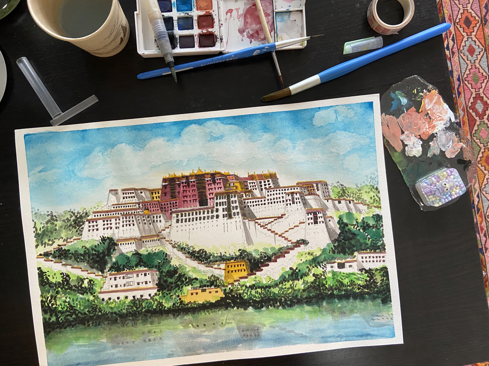 手绘布达拉宫(附过程 水彩布达拉宫
