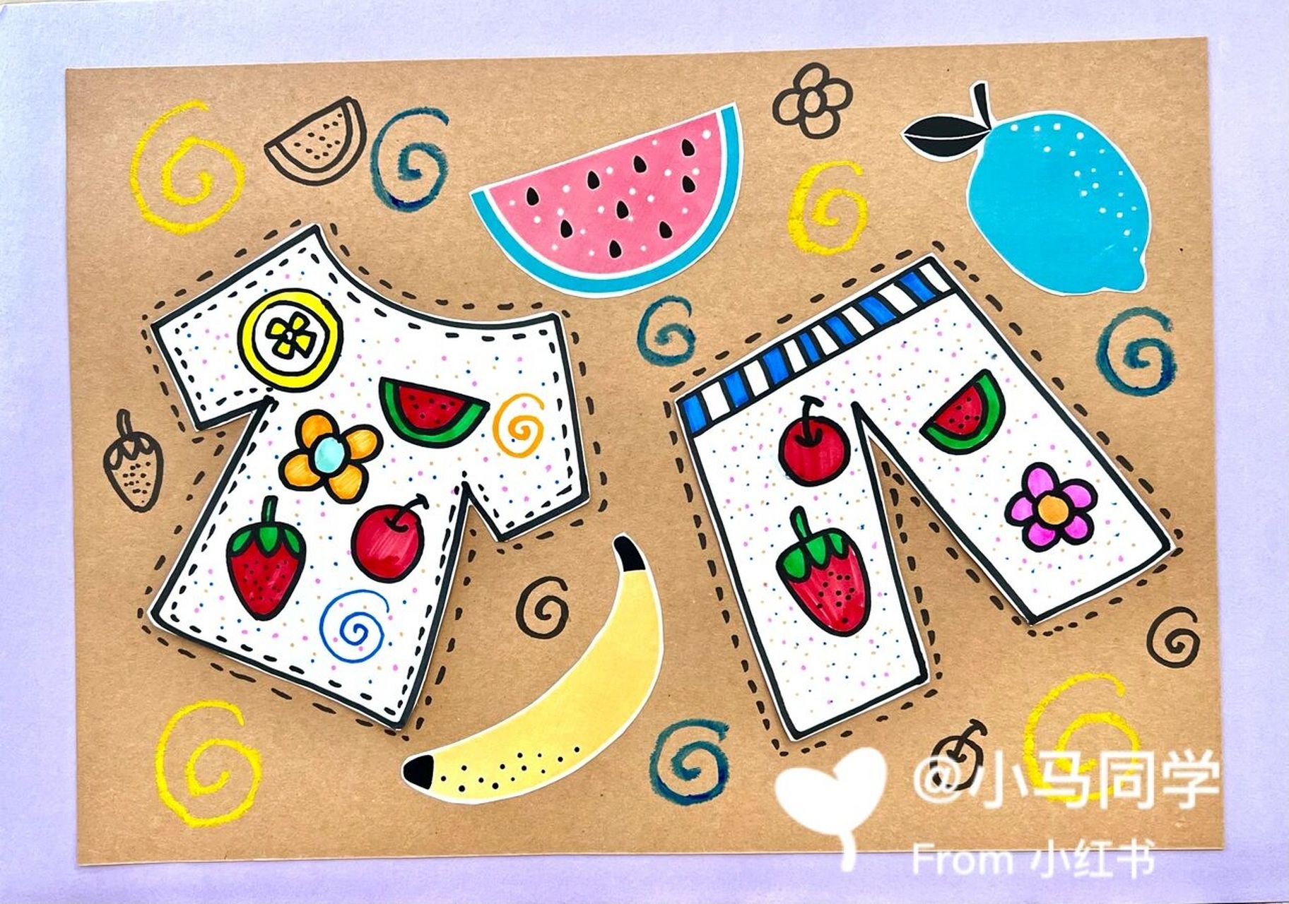 夏装儿童创意画 夏天来啦,小朋友们穿上水果味的服装出去玩啦 	 适合