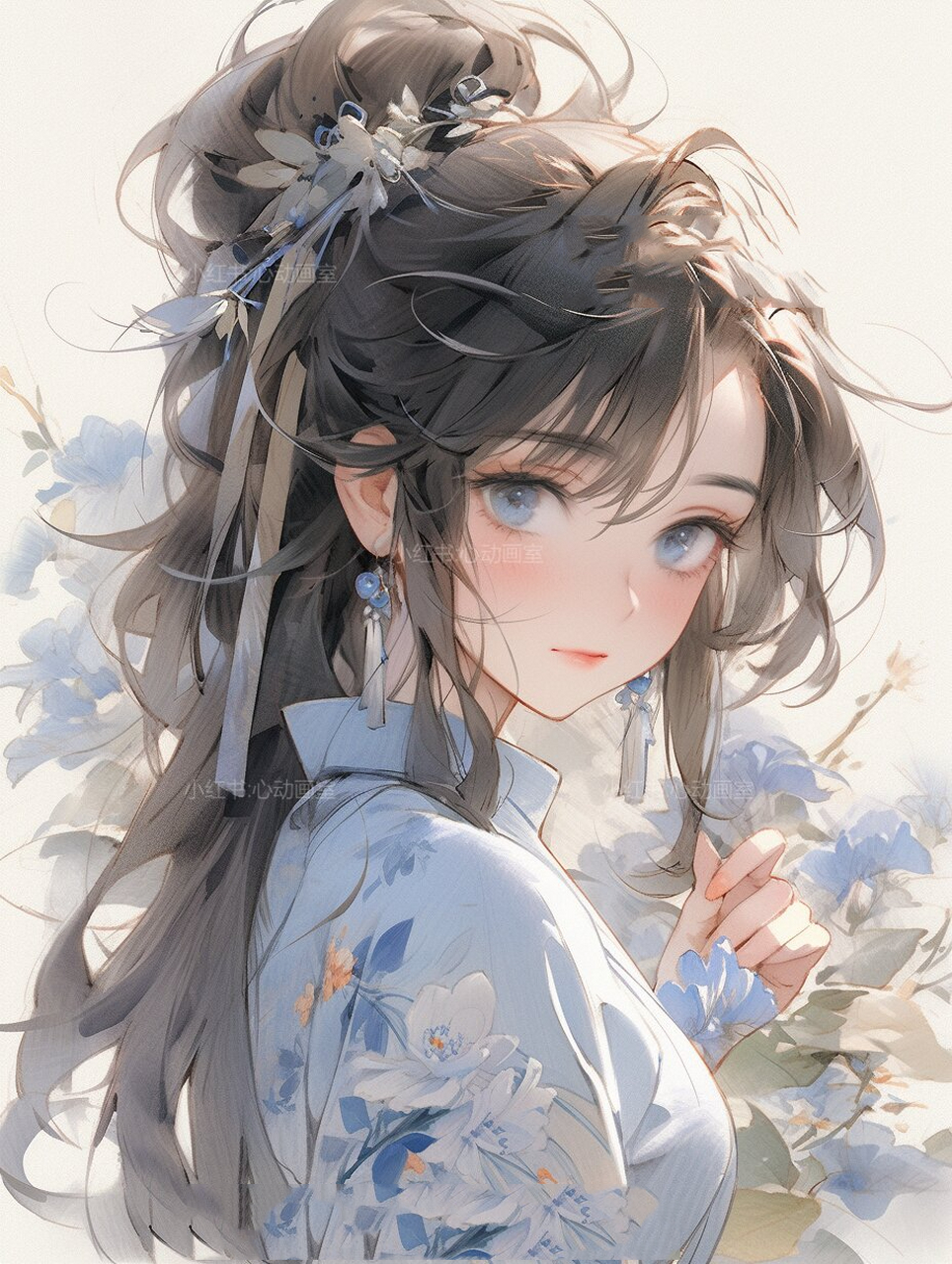 可爱少女头像-蓝色系国风旗袍二次元漫画