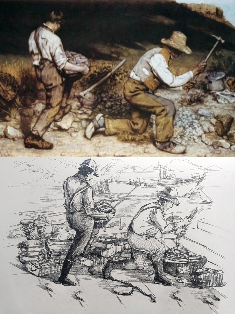 根据库尔贝油画《石工》创作海边捕鱼的场景 请根据库尔贝油画《石工