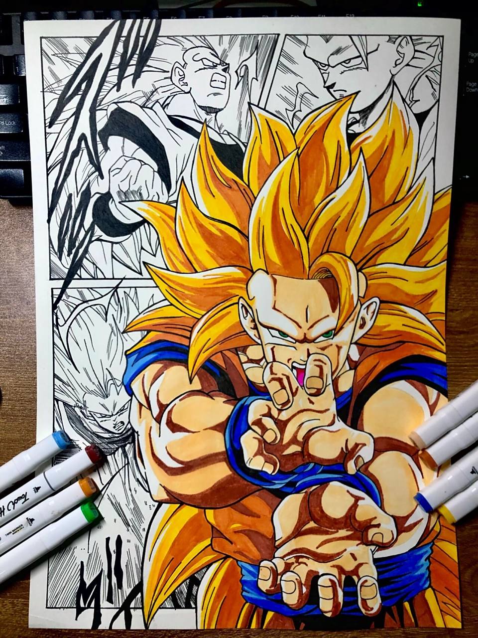 马克笔手绘-超级赛亚人3(原创) 这个头发和手太繁琐了磨了一周线稿